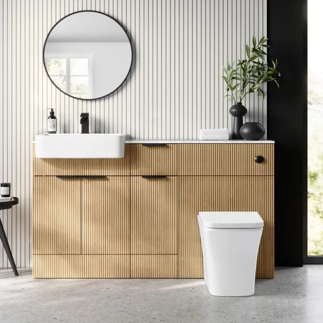 Sicily Fluted Country Oak Vanity Basin with Marble Top & Houston Toilet 1500mm - Black Accents