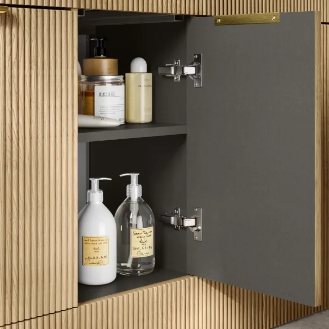 Sicily Fluted Country Oak Side Cabinet Unit 300mm - Brushed Brass Accents