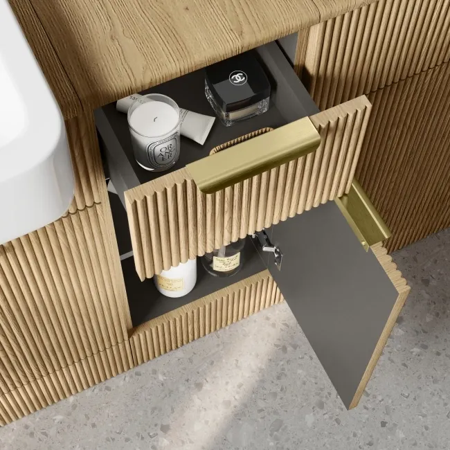 Sicily Fluted Country Oak Side Cabinet Unit 300mm - Brushed Brass Accents