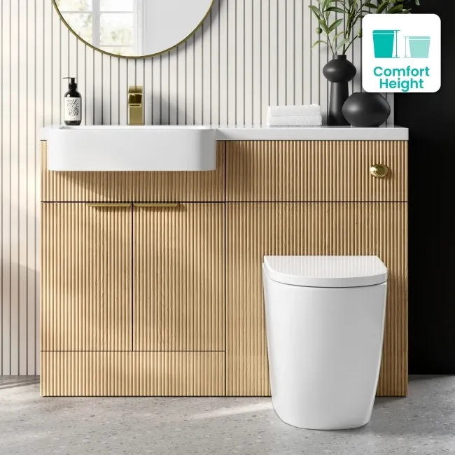 Sicily Fluted Country Oak Vanity Basin and Utah Comfort Height Toilet 1200mm - Brass Accents - Left