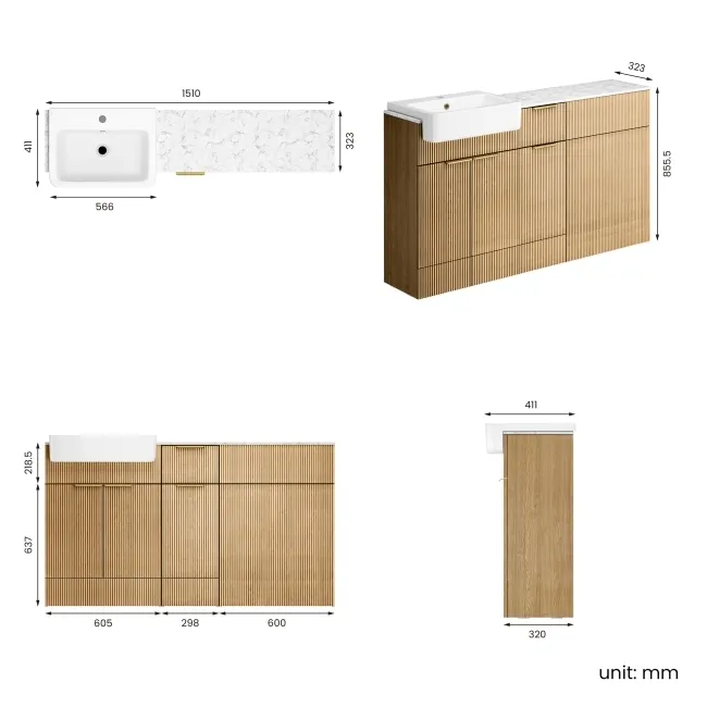 Sicily Fluted Country Oak Vanity Basin with Marble Top 1500mm (No Toilet) - Brushed Brass Accents