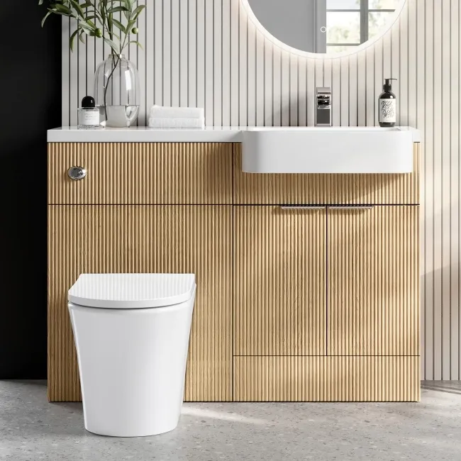 Sicily Fluted Country Oak Vanity Basin and Tucson Toilet 1200mm - Chrome Handles - Right Handed