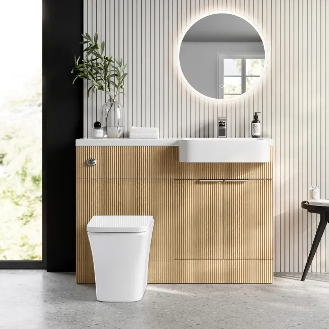 Sicily Fluted Country Oak Vanity Basin and Houston Toilet 1200mm - Chrome Handles - Right Handed