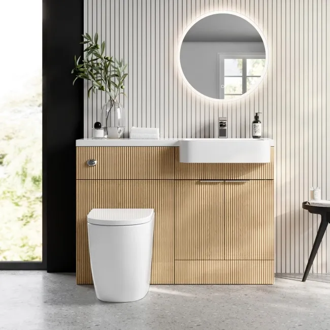 Sicily Fluted Country Oak Vanity Basin and Utah Comfort Height Toilet 1200mm Chrome Handles - Right