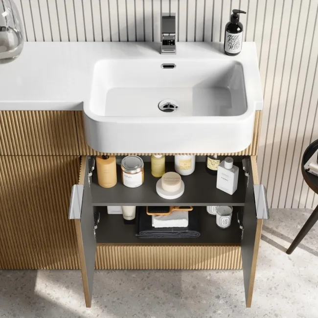 Sicily Fluted Country Oak Vanity Basin and Utah Comfort Height Toilet 1200mm Chrome Handles - Right