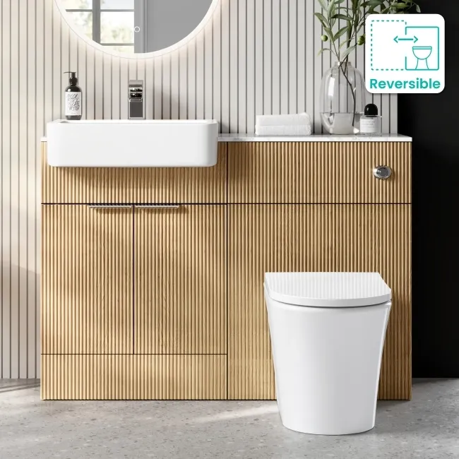 Sicily Fluted Country Oak Vanity Basin with Marble Top & Tucson Toilet 1200mm - Chrome Handles