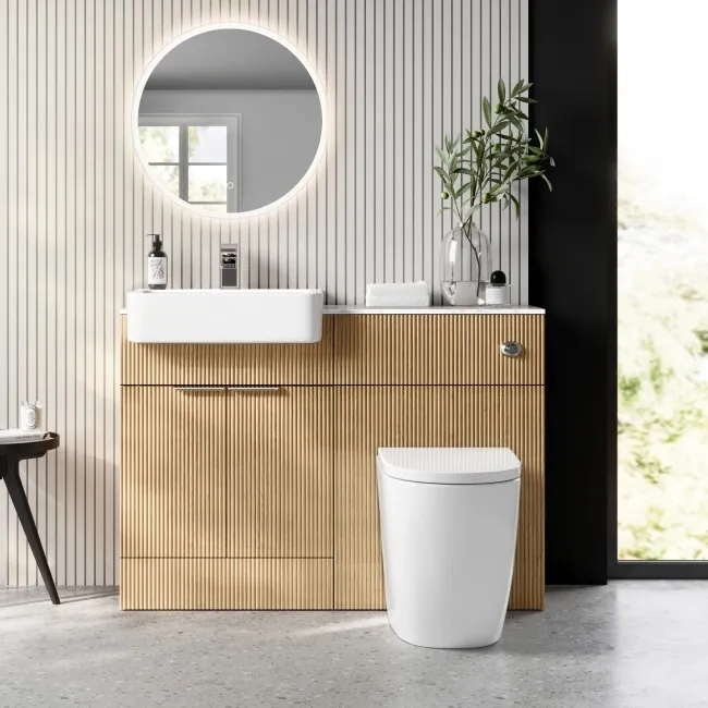 Sicily Fluted Country Oak Vanity Basin Marble Top & Utah Comfort Height Toilet 1200mm