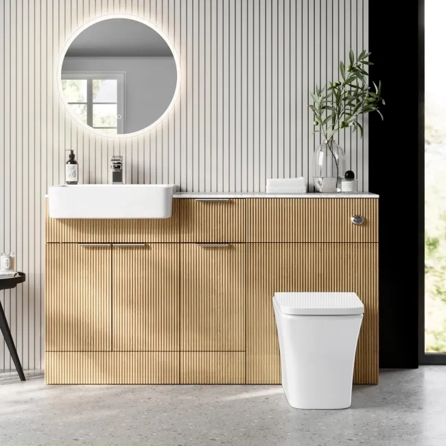 Sicily Fluted Country Oak Vanity Basin with Marble Top & Houston Toilet 1500mm - Chrome Handles