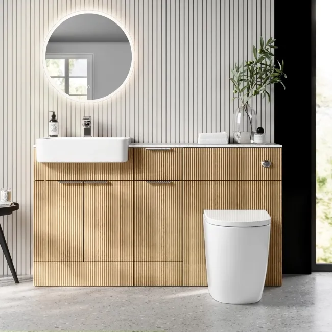 Sicily Fluted Country Oak Vanity Basin Marble Top & Utah Comfort Height Toilet 1500mm