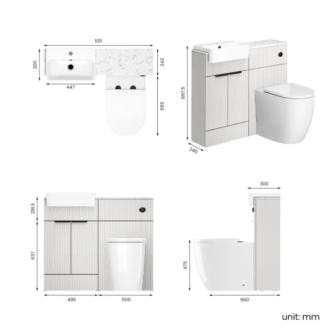 Sicily Fluted Coastal White Vanity Basin Marble Top & Utah Comfort Toilet 1000mm - Black Accents