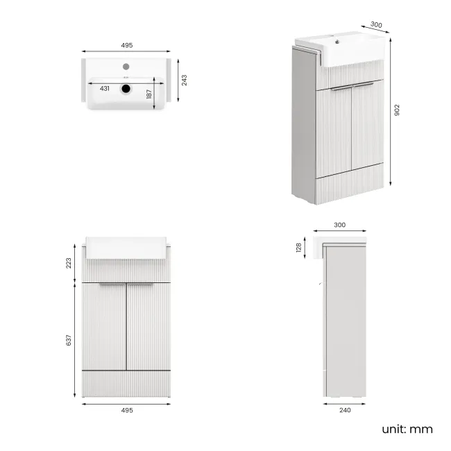 Sicily Fluted Coastal White Vanity with Semi Recessed Basin 500mm - Chrome Handles