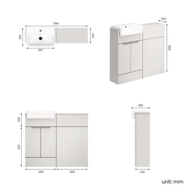 Sicily Fluted Coastal White Vanity and Toilet Unit 1000mm (No Toilet) - Chrome Handles