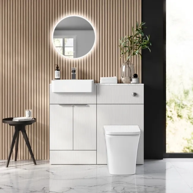 Sicily Fluted Coastal White Vanity Basin with Marble Top & Houston Toilet 1000mm - Chrome Handles