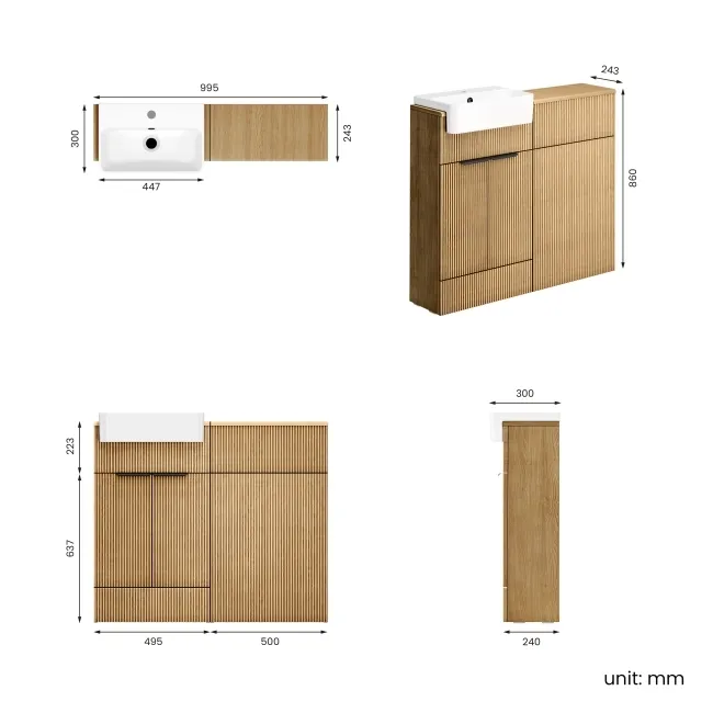 Sicily Fluted Country Oak Vanity and Back To Wall Toilet Unit 1000mm (No Toilet) - Black Accents