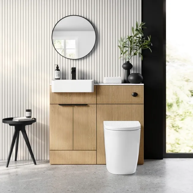 Sicily Fluted Country Oak Vanity Basin Marble Top & Utah Comfort Toilet 1000mm - Black Accents