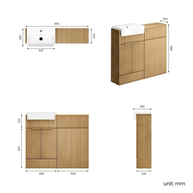 Sicily Fluted Country Oak Vanity and Back To Wall Toilet Unit 1000mm (No Toilet) - Brass Accents