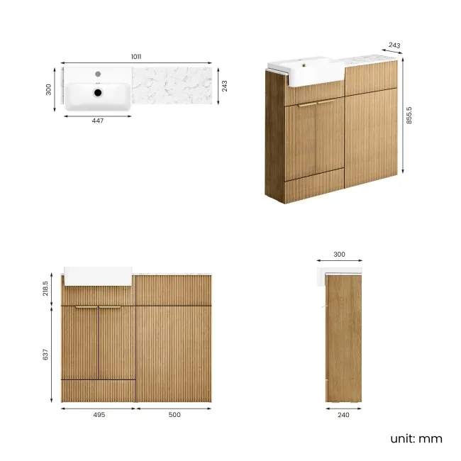 Sicily Fluted Country Oak Basin Vanity Marble Top & Toilet Unit 1000mm (No Toilet) - Brass Accents