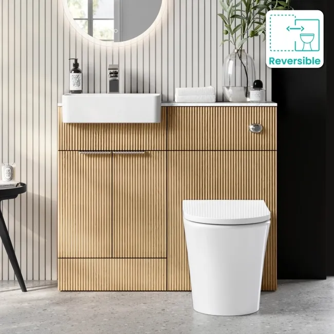 Sicily Fluted Country Oak Vanity Basin with Marble Top & Tucson Toilet 1000mm - Chrome Handles