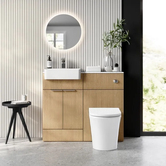 Sicily Fluted Country Oak Vanity Basin with Marble Top & Tucson Toilet 1000mm - Chrome Handles