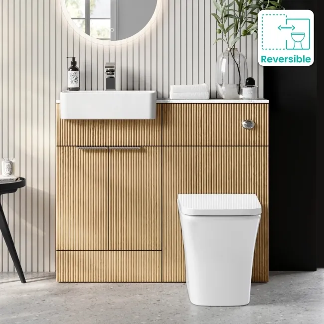 Sicily Fluted Country Oak Vanity Basin with Marble Top & Houston Toilet 1000mm - Chrome Handles