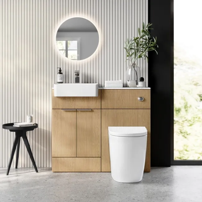 Sicily Fluted Country Oak Vanity Basin Marble Top & Utah Comfort Height Toilet 1000mm