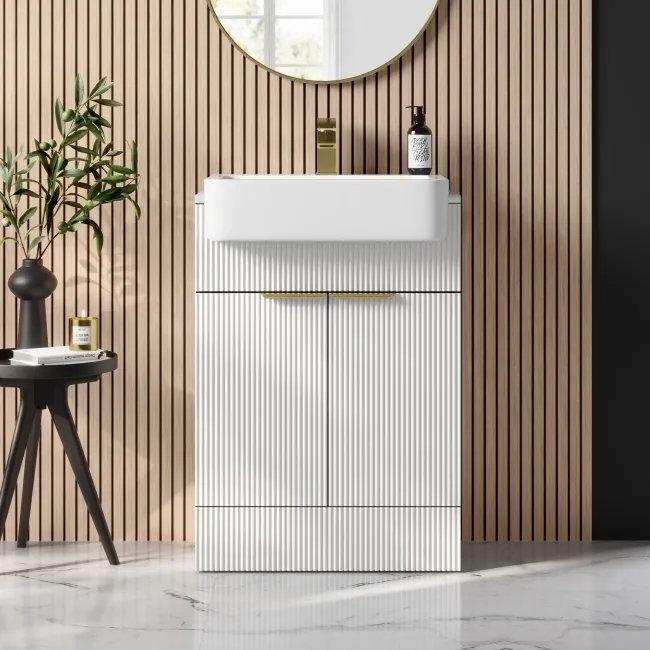Sicily Fluted Coastal White Vanity with Semi Recessed Basin 600mm - Brushed Brass Accents