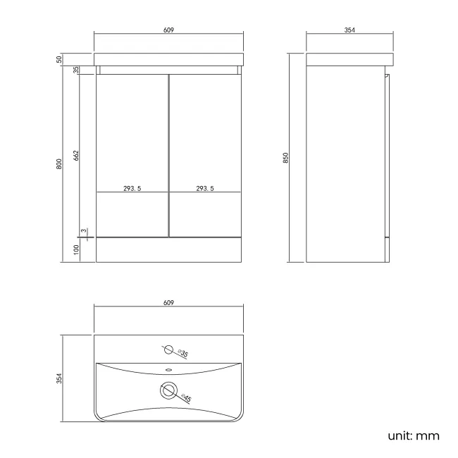 Corsica Gloss White Slimline Basin Vanity 600mm