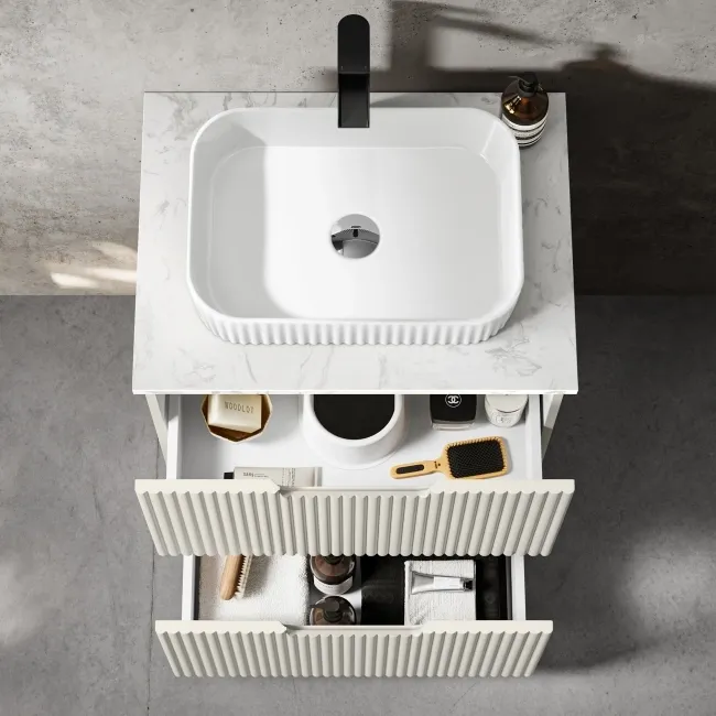 Crete Fluted Linen White Vanity Drawer with Marble Top & Reno Basin 600mm