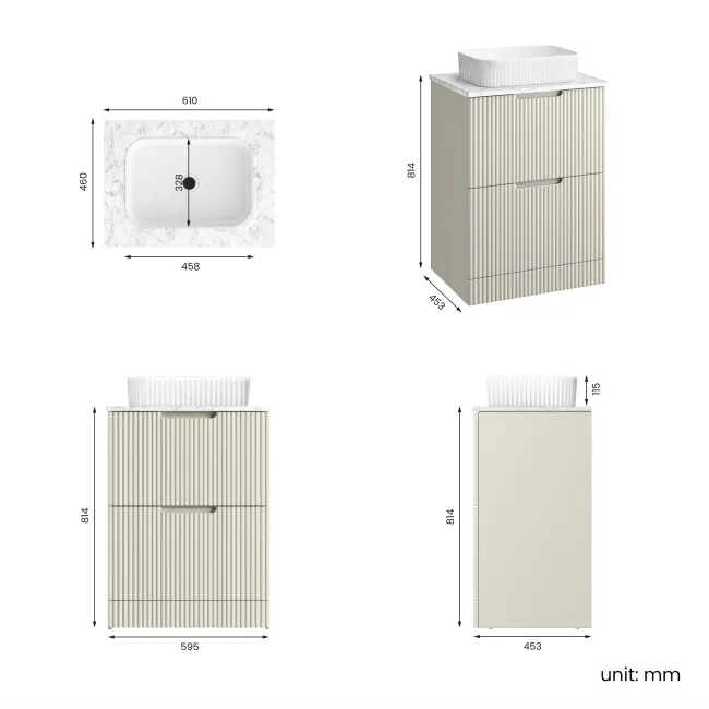 Crete Fluted Linen White Vanity Drawer with Marble Top & Reno Basin 600mm