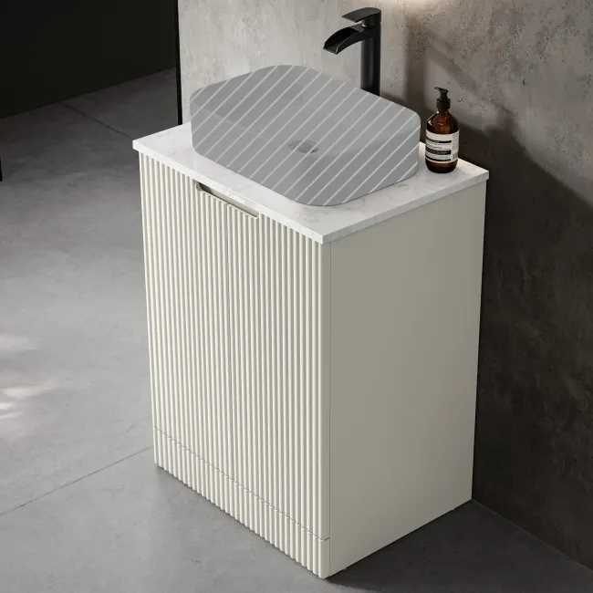 Crete Fluted Linen White Vanity with Marble Top 600mm - Excludes Counter Top Basin