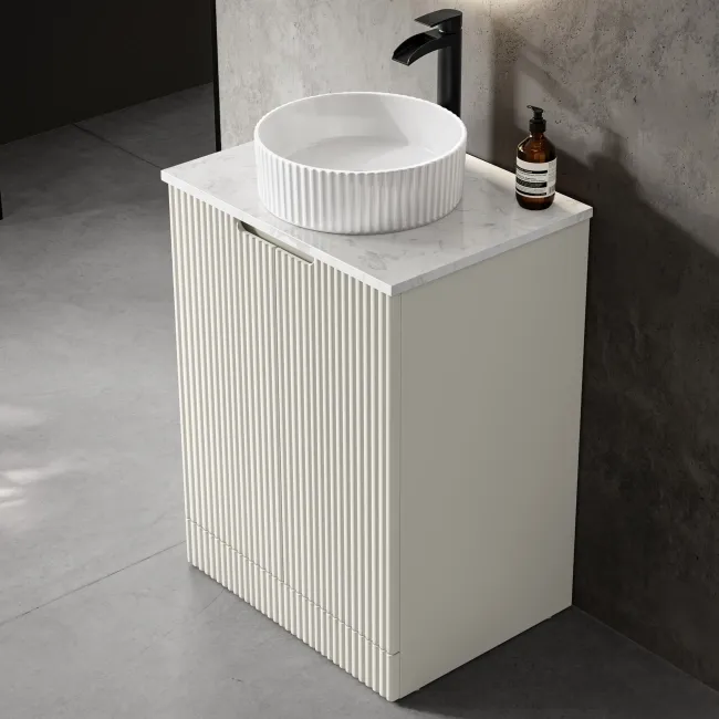 Crete Fluted Linen White Vanity with Marble Top & Nevis Basin 600mm