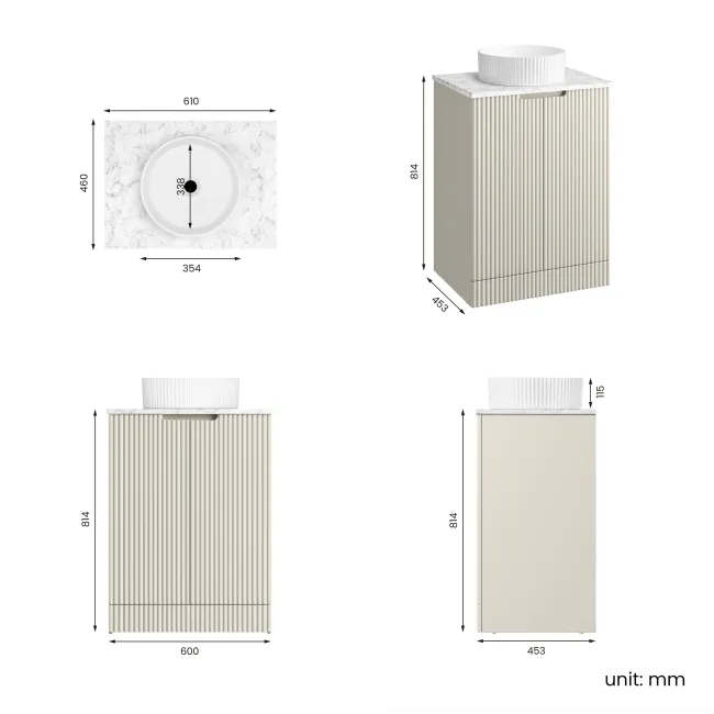 Crete Fluted Linen White Vanity with Marble Top & Nevis Basin 600mm