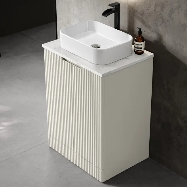 Crete Fluted Linen White Vanity with Marble Top & Marin Basin 600mm