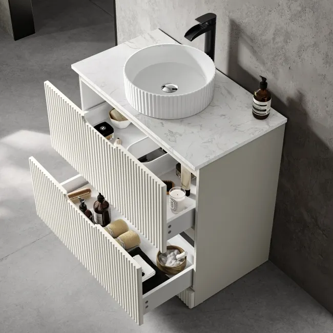 Crete Fluted Linen White Vanity Drawer with Marble Top & Nevis Basin 800mm