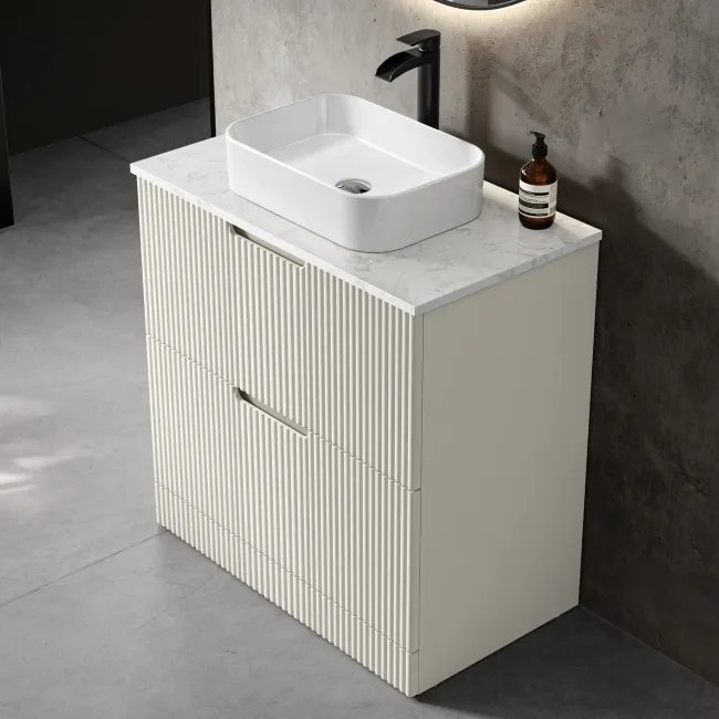 Crete Fluted Linen White Vanity Drawer with Marble Top & Marin Basin 800mm