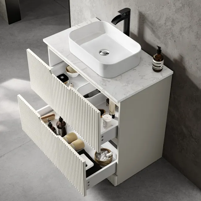 Crete Fluted Linen White Vanity Drawer with Marble Top & Marin Basin 800mm