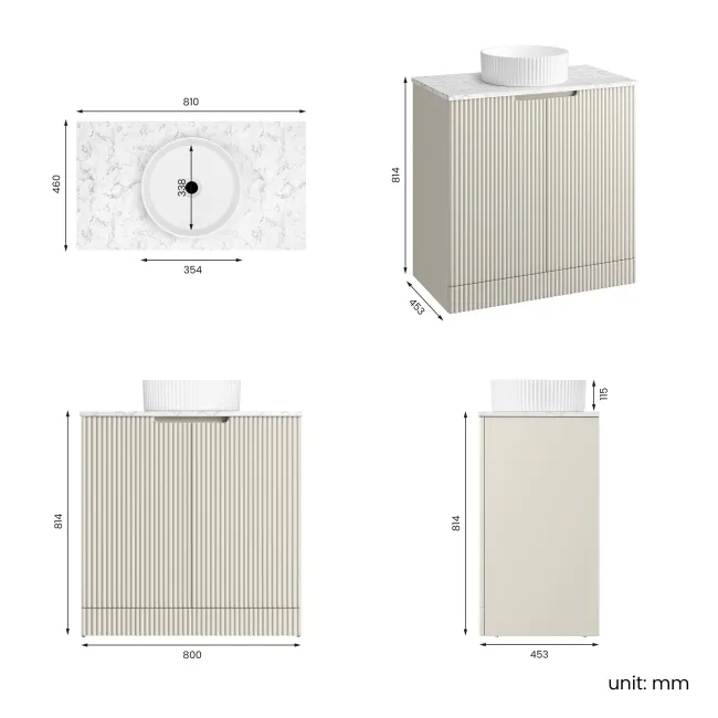 Crete Fluted Linen White Vanity with Marble Top & Nevis Basin 800mm