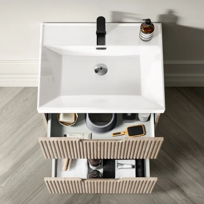 Crete Fluted Apex Oak Basin Vanity Drawer 600mm