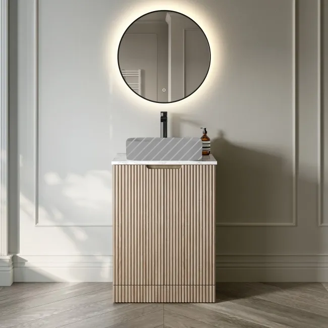 Crete Fluted Apex Oak Vanity with Marble Top 600mm - Excludes Counter Top Basin