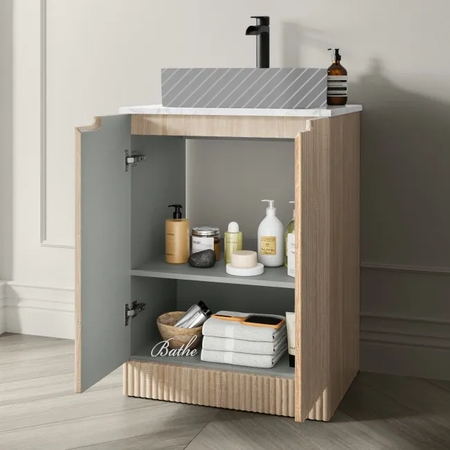 Crete Fluted Apex Oak Vanity with Marble Top 600mm - Excludes Counter Top Basin