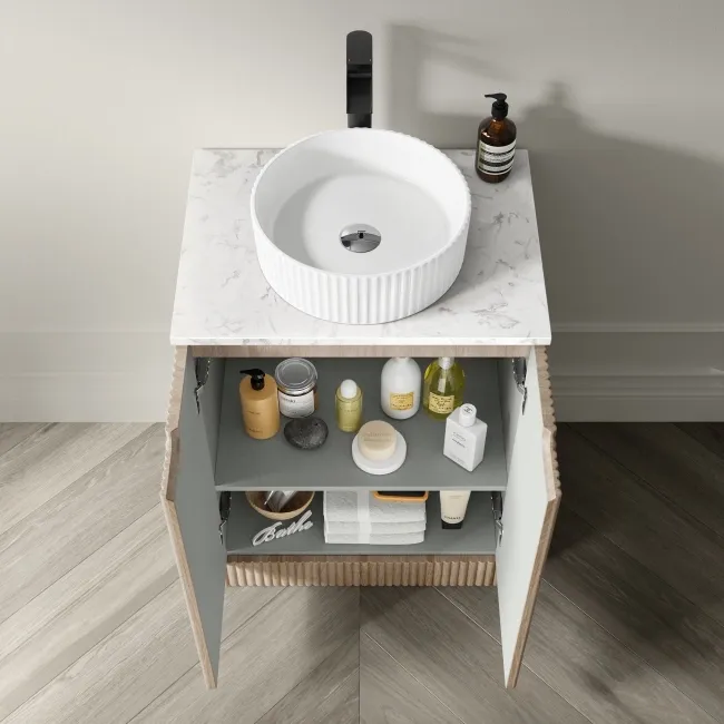 Crete Fluted Apex Oak Vanity with Marble Top & Nevis Basin 600mm