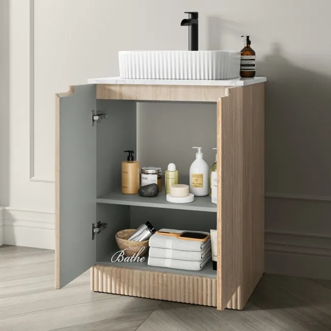 Crete Fluted Apex Oak Vanity with Marble Top & Reno Basin 600mm