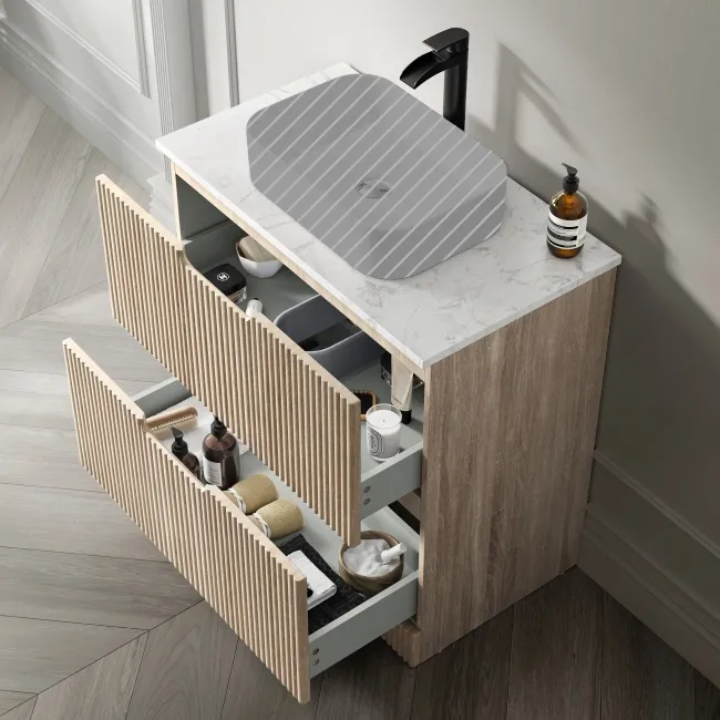 Crete Fluted Apex Oak Vanity Drawer with Marble Top 800mm - Excludes Counter Top Basin