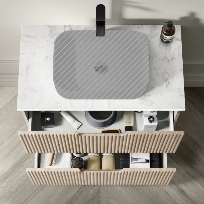 Crete Fluted Apex Oak Vanity Drawer with Marble Top 800mm - Excludes Counter Top Basin