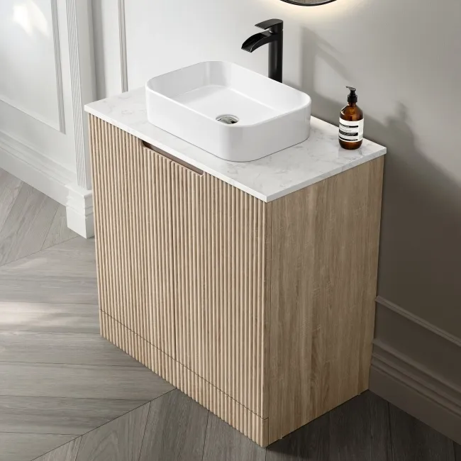 Crete Fluted Apex Oak Vanity with Marble Top & Marin Basin 800mm
