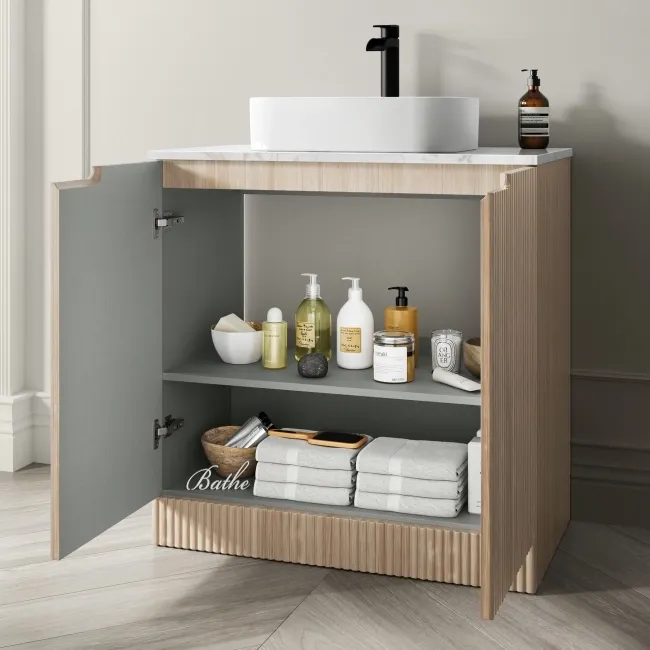 Crete Fluted Apex Oak Vanity with Marble Top & Marin Basin 800mm