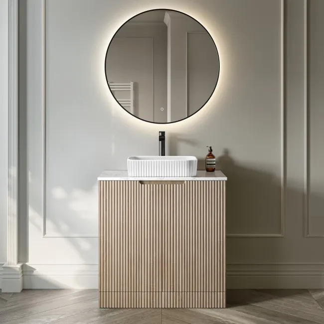 Crete Fluted Apex Oak Vanity with Marble Top & Reno Basin 800mm