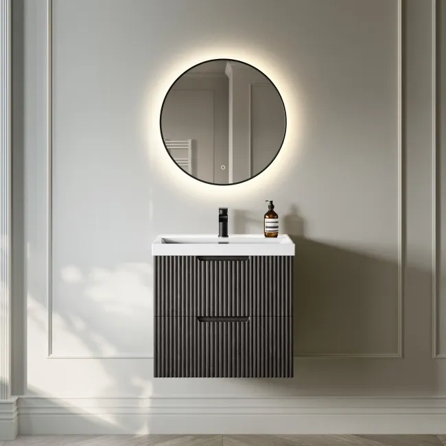 Crete Fluted Charcoal Elm Wall Hung Basin Drawer Vanity 600mm