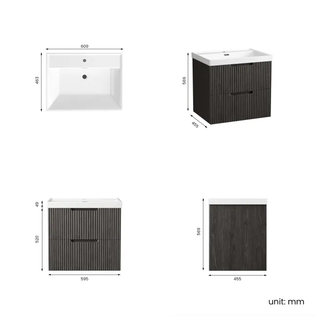 Crete Fluted Charcoal Elm Wall Hung Basin Drawer Vanity 600mm