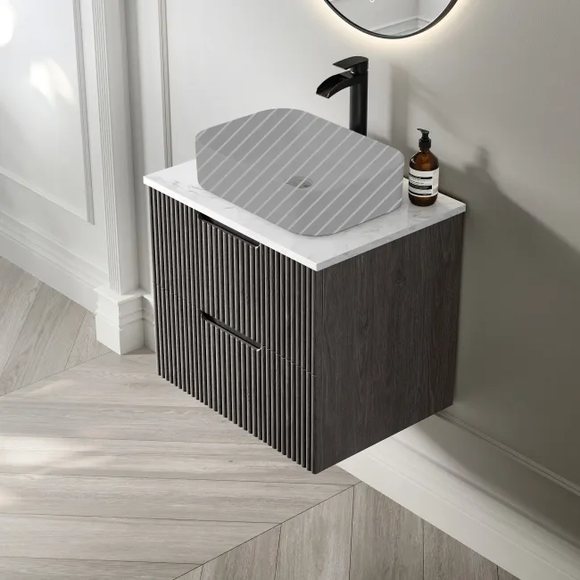Crete Fluted Charcoal Elm Wall Hung Drawer Vanity with Marble Top 600mm - Excludes Counter Top Basin